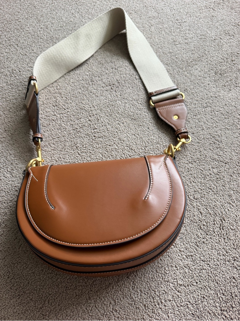 Zara Saddle Crossbody Bag in Brown with Cream Strap